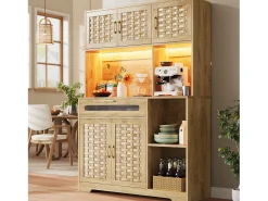 Mueble alto de cocina 120x40x180cm - 5 puertas + 1 cajón - LED - Mueble alto - Buffet multifuncional - Decoración de rattán - Natural