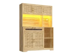 Mueble alto de cocina 120x40x180cm - 5 puertas + 1 cajón - LED - Mueble alto - Buffet multifuncional - Decoración de rattán - Natural