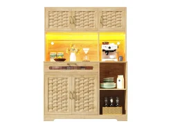 Mueble alto de cocina 120x40x180cm - 5 puertas + 1 cajón - LED - Mueble alto - Buffet multifuncional - Decoración de rattán - Natural