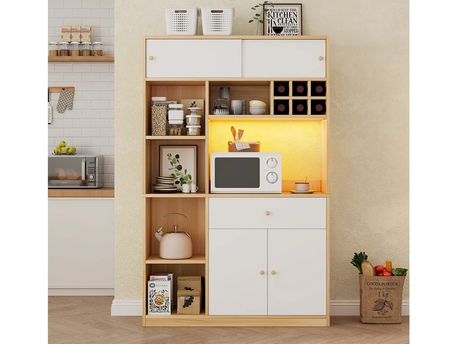 Mueble alto de cocina 115x35x180cm - 3 puertas + 1 cajón - con iluminación LED - mueble alto - Natural + Blanco