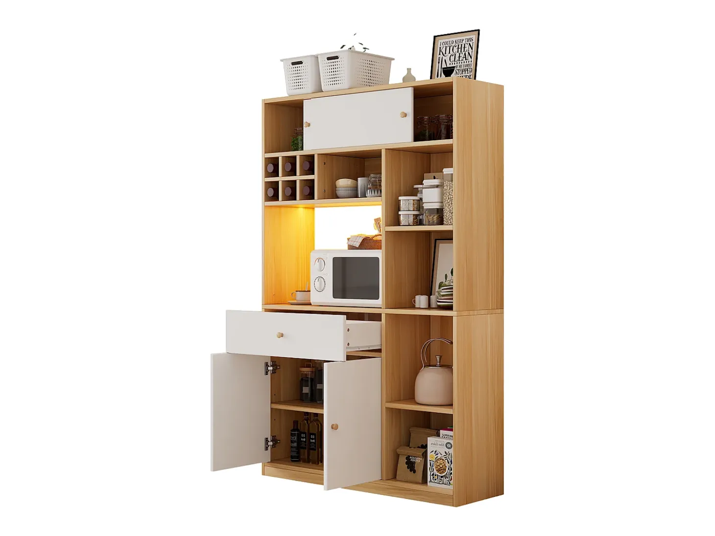 Mueble alto de cocina 115x35x180cm - 3 puertas + 1 cajón - con iluminación LED - mueble alto - Natural + Blanco