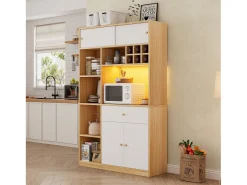 Mueble alto de cocina 115x35x180cm - 3 puertas + 1 cajón - con iluminación LED - mueble alto - Natural + Blanco