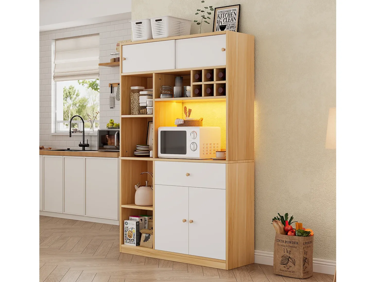 Mueble alto de cocina 115x35x180cm - 3 puertas + 1 cajón - con iluminación LED - mueble alto - Natural + Blanco