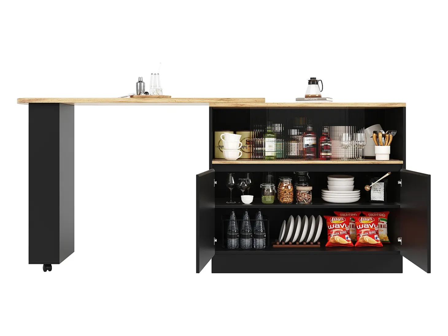 Mueble bar de 2 puertas - Mueble bar extensible con 2 puertas corredizas de vidrio y estantes abiertos - negro