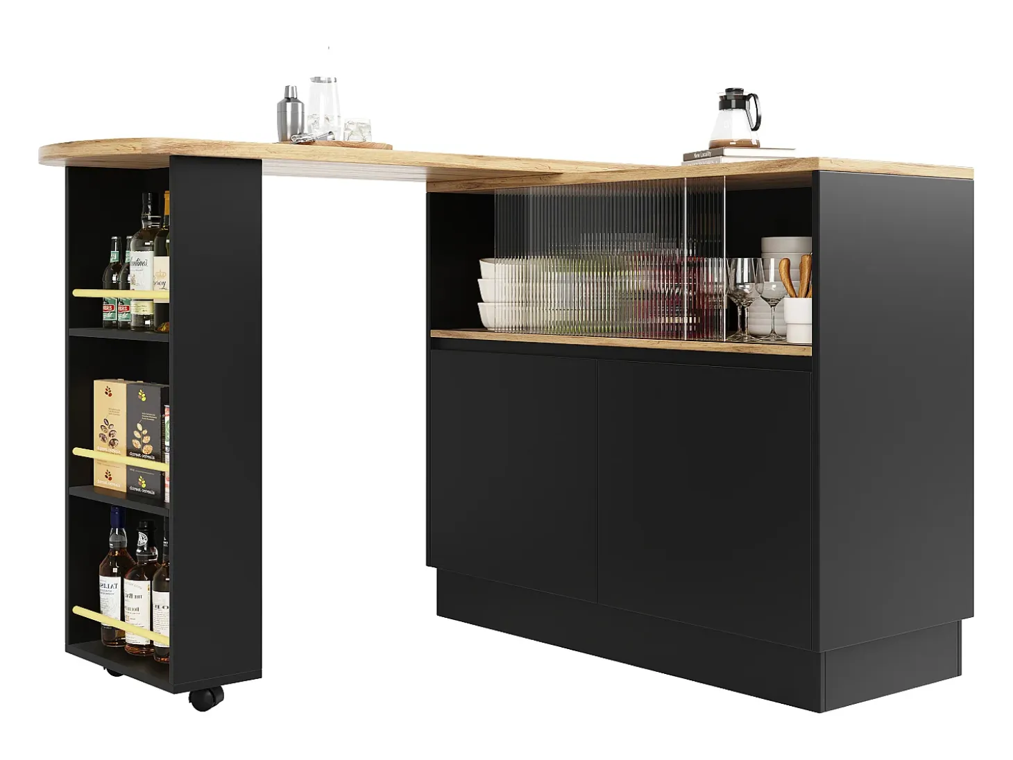 Mueble bar de 2 puertas - Mueble bar extensible con 2 puertas corredizas de vidrio y estantes abiertos - negro