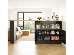 Mueble bar de 2 puertas - Mueble bar extensible con 2 puertas corredizas de vidrio y estantes abiertos - negro