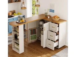 Mueble bar de cocina extensible con ruedas - 135-228 x 39 x 104 cm - con 2 puertas + 3 cajones - MDF + metal - blanco