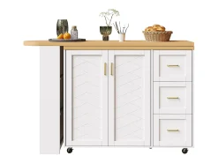 Mueble bar de cocina extensible con ruedas - 135-228 x 39 x 104 cm - con 2 puertas + 3 cajones - MDF + metal - blanco