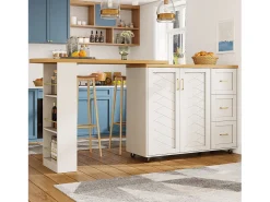 Mueble bar de cocina extensible con ruedas - 135-228 x 39 x 104 cm - con 2 puertas + 3 cajones - MDF + metal - blanco