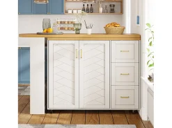 Mueble bar de cocina extensible con ruedas - 135-228 x 39 x 104 cm - con 2 puertas + 3 cajones - MDF + metal - blanco