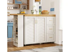 Mueble bar de cocina extensible con ruedas - 135-228 x 39 x 104 cm - con 2 puertas + 3 cajones - MDF + metal - blanco