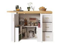 Mueble bar de cocina extensible con ruedas - 135-228 x 39 x 104 cm - con 2 puertas + 3 cajones - MDF + metal - blanco