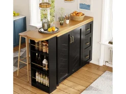 Mueble bar de cocina extensible con ruedas - 135-228 x 39 x 104 cm - con 2 puertas + 3 cajones - MDF + metal - negro