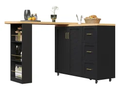 Mueble bar de cocina extensible con ruedas - 135-228 x 39 x 104 cm - con 2 puertas + 3 cajones - MDF + metal - negro