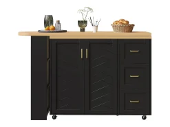 Mueble bar de cocina extensible con ruedas - 135-228 x 39 x 104 cm - con 2 puertas + 3 cajones - MDF + metal - negro