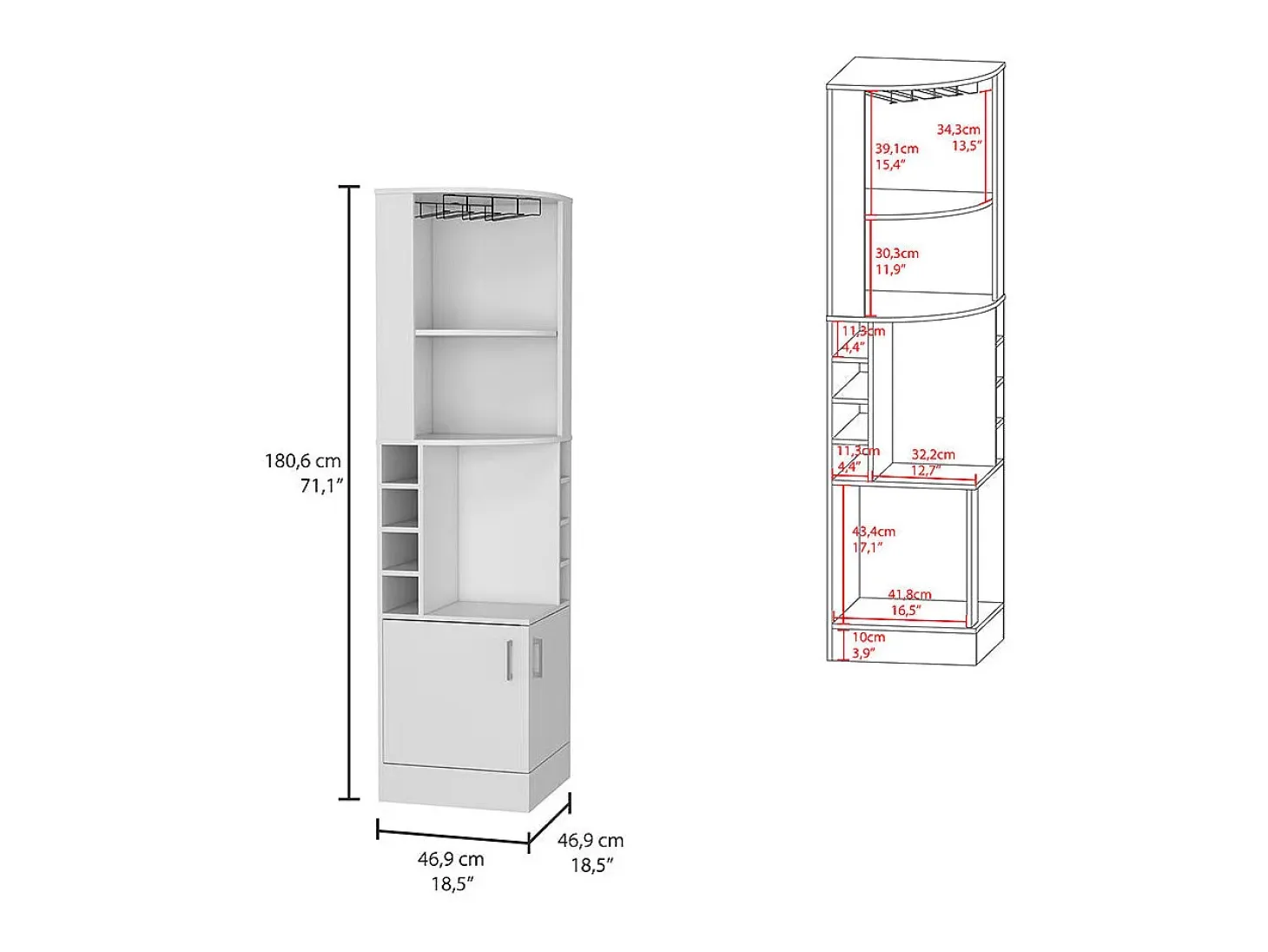 Mueble bar esquinero Syrah, con soporte para copas , 180.59 cm X 46.73 cm X 46.73 cm , Blanco