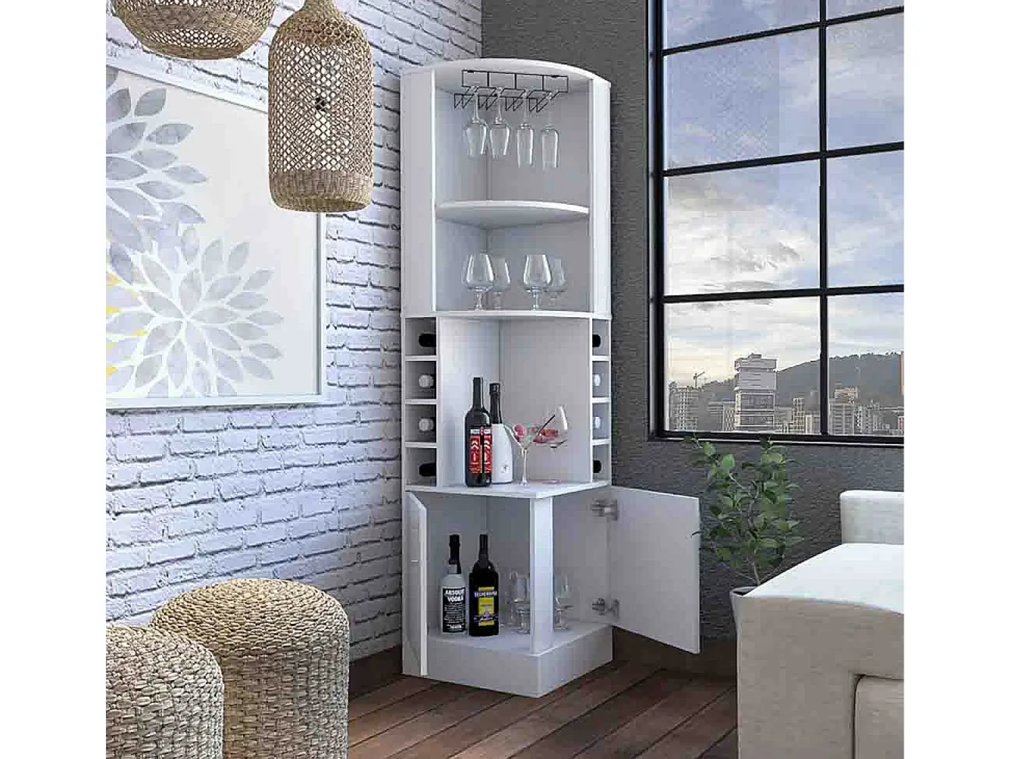 Mueble bar esquinero Syrah, con soporte para copas , 180.59 cm X 46.73 cm X 46.73 cm , Blanco