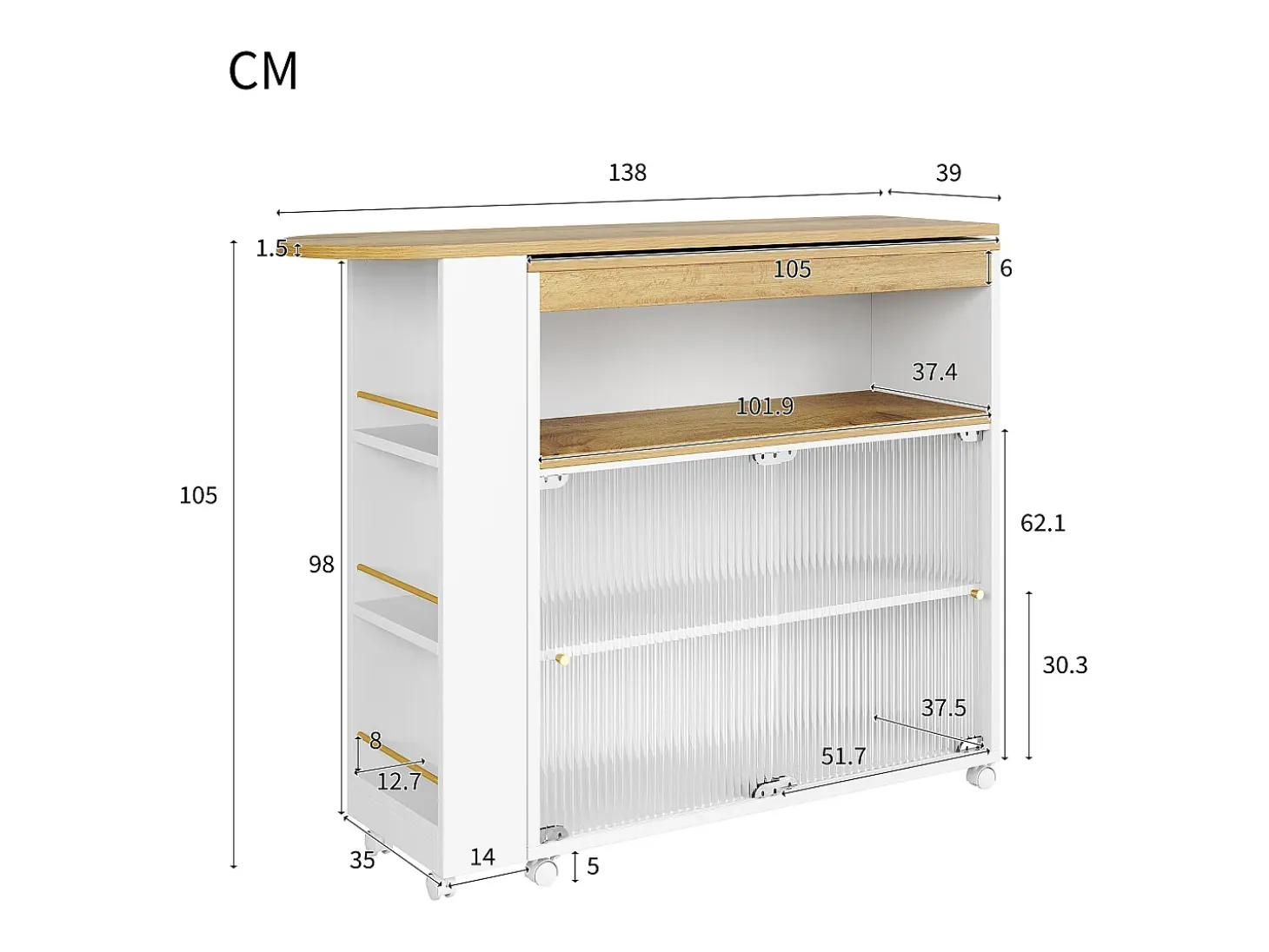 Mueble bar extensible - 2 puertas correderas de cristal, 3 estantes de almacenamiento y nicho - Tapa efecto madera MDF - LED - Natural y negro