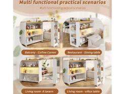 Mueble bar extensible - 2 puertas correderas de cristal, 3 estantes de almacenamiento y nicho - Tapa efecto madera MDF - LED - Natural y negro