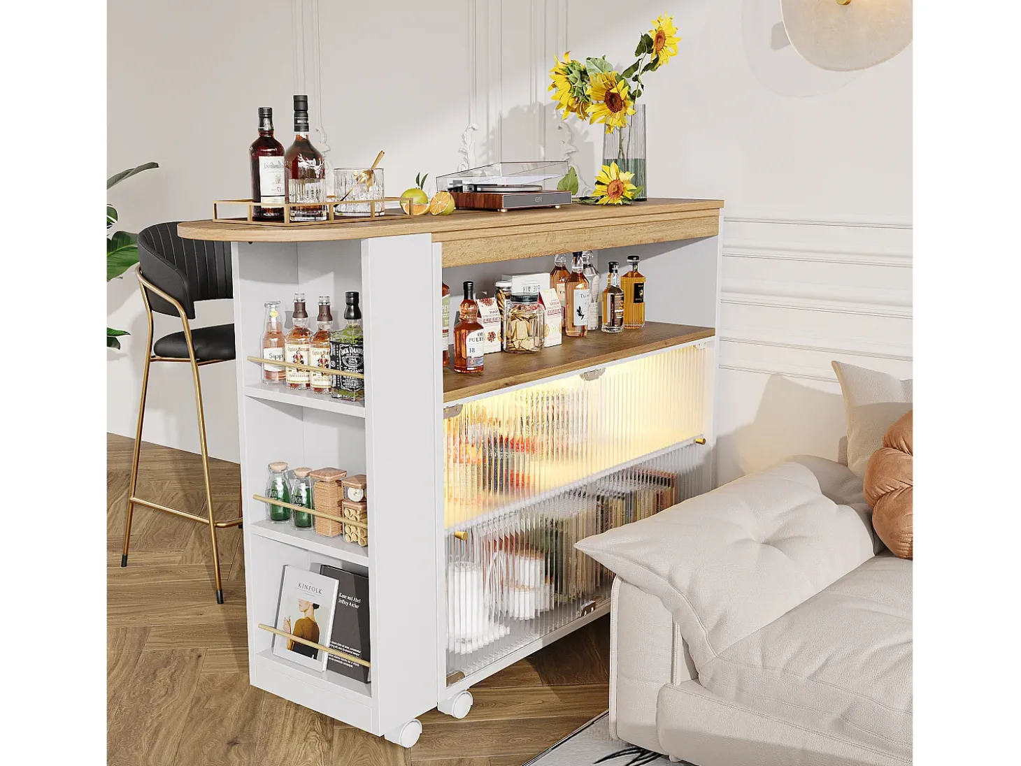 Mueble bar extensible - 2 puertas correderas de cristal, 3 estantes de almacenamiento y nicho - Tapa efecto madera MDF - LED - Natural y negro