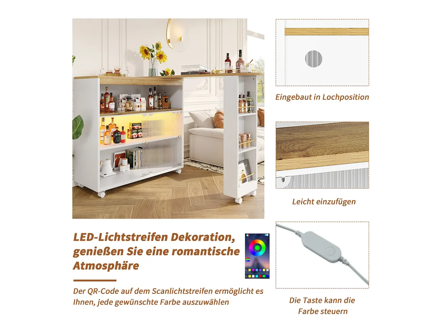Mueble bar extensible - 2 puertas correderas de cristal, 3 estantes de almacenamiento y nicho - Tapa efecto madera MDF - LED - Natural y negro