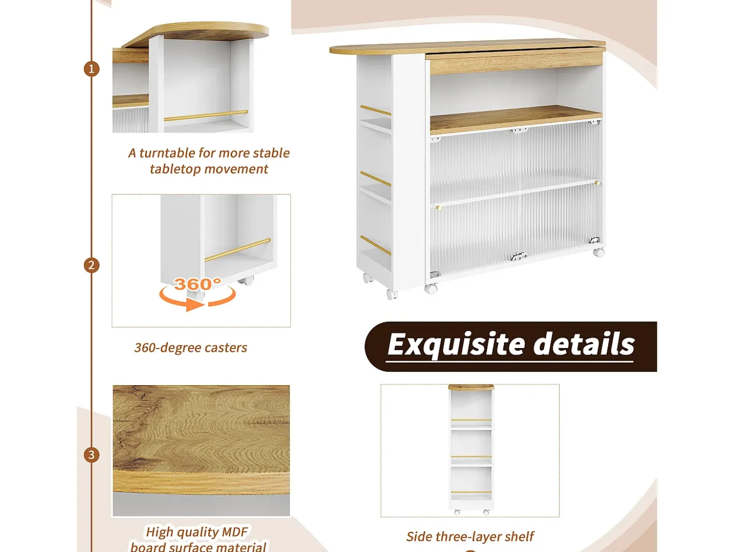 Mueble bar extensible - 2 puertas correderas de cristal, 3 estantes de almacenamiento y nicho - Tapa efecto madera MDF - LED - Natural y negro