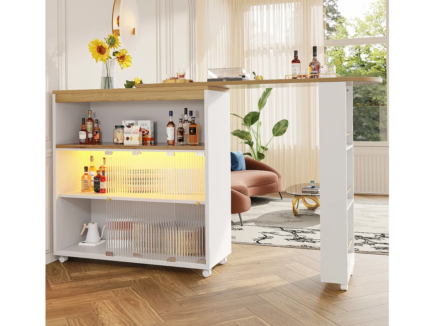 Mueble bar extensible - 2 puertas correderas de cristal, 3 estantes de almacenamiento y nicho - Tapa efecto madera MDF - LED - Natural y negro