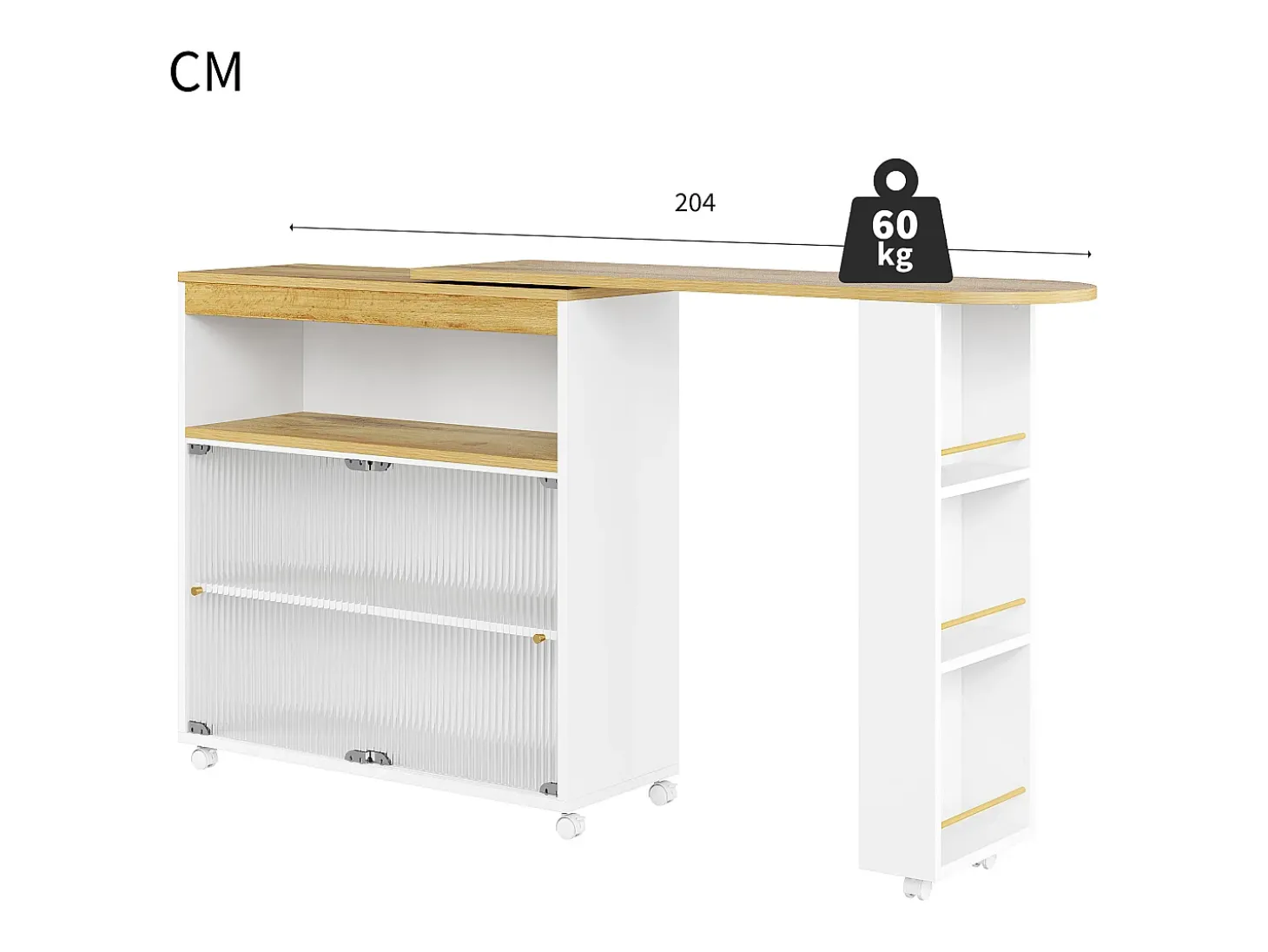 Mueble bar extensible - 2 puertas correderas de cristal, 3 estantes de almacenamiento y nicho - Tapa efecto madera MDF - LED - Natural y negro