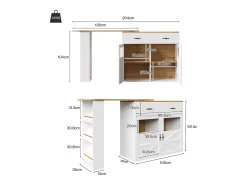 Mueble bar extensible - 138-204 x 39 x 104 cm - Mesa de comedor giratoria 360° - con 2 puertas + 1 cajón - MDF - blanco