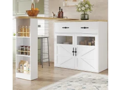 Mueble bar extensible - 138-204 x 39 x 104 cm - Mesa de comedor giratoria 360° - con 2 puertas + 1 cajón - MDF - blanco