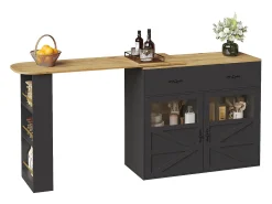 Mueble bar extensible - 138-204 x 39 x 104 cm - Mesa de comedor giratoria 360° - con 2 puertas + 2 cajones - MDF - negro