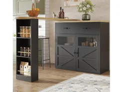 Mueble bar extensible - 138-204 x 39 x 104 cm - Mesa de comedor giratoria 360° - con 2 puertas + 2 cajones - MDF - negro