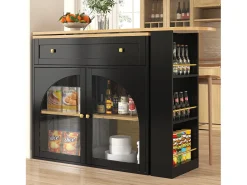 Mueble bar extensible - 138-204 x 39 x 104 cm - Mesa de comedor giratoria 360° - con 2 puertas + 2 cajones - MDF - negro