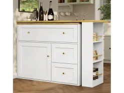Mueble bar extensible - 138-204 x 39 x 105 cm - con estante snack + 2 cajones + 2 puertas - MDF + Metal - blanco