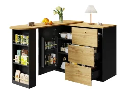 Mueble bar extensible - 138-204 x 39 x 104 cm - Mesa de comedor giratoria 360° - con 1 puerta + 3 cajones - MDF - negro