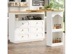 Mueble bar extensible con rotación de 360° - Longitud ajustable - con 6 cajones - MDF - blanco