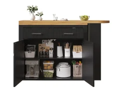 Mueble bar extensible con 2 cajones y 2 puertas - Tapa extensible con ruedas - Negro y madera