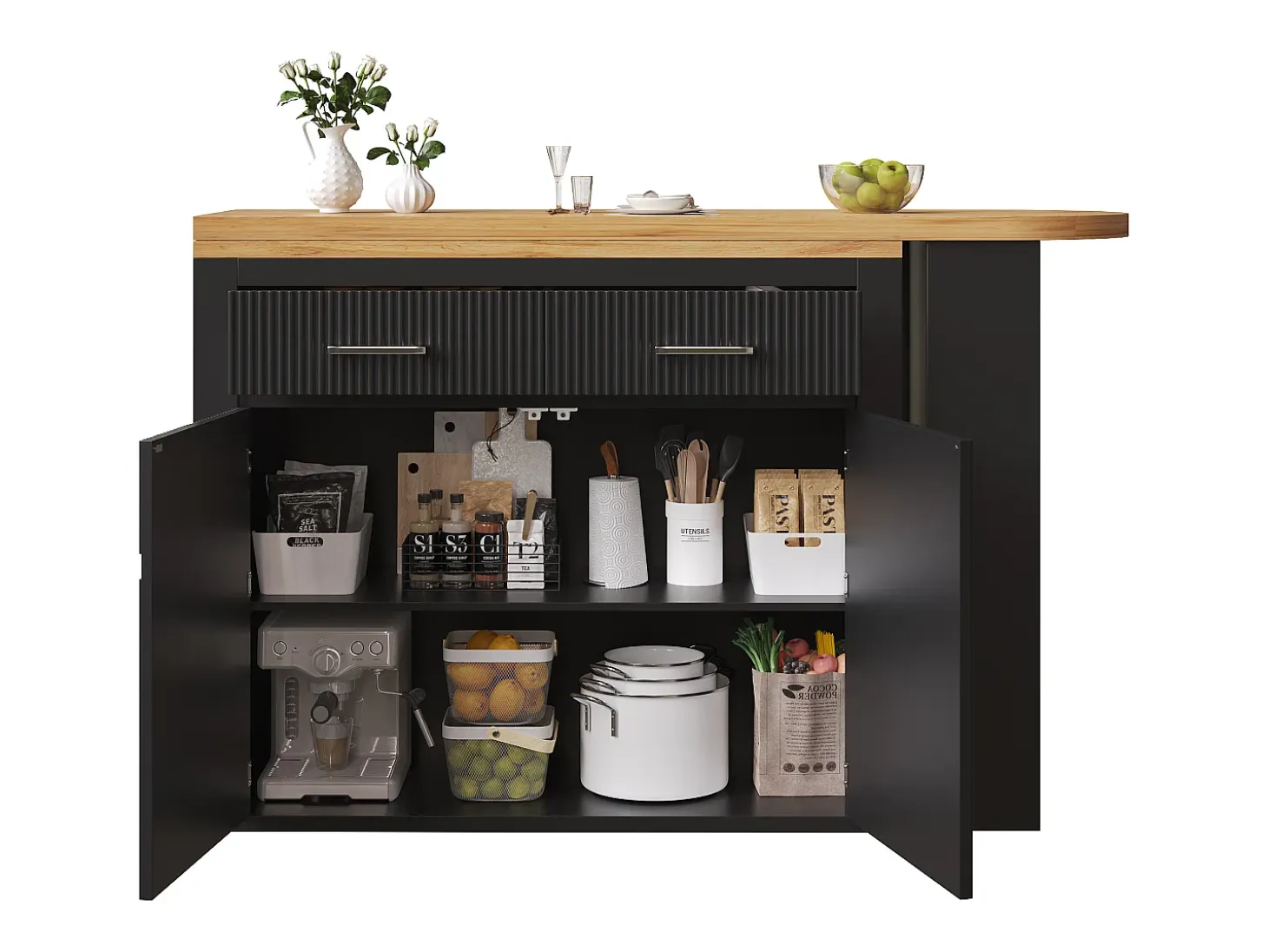 Mueble bar extensible con 2 cajones y 2 puertas - Tapa extensible con ruedas - Negro y madera