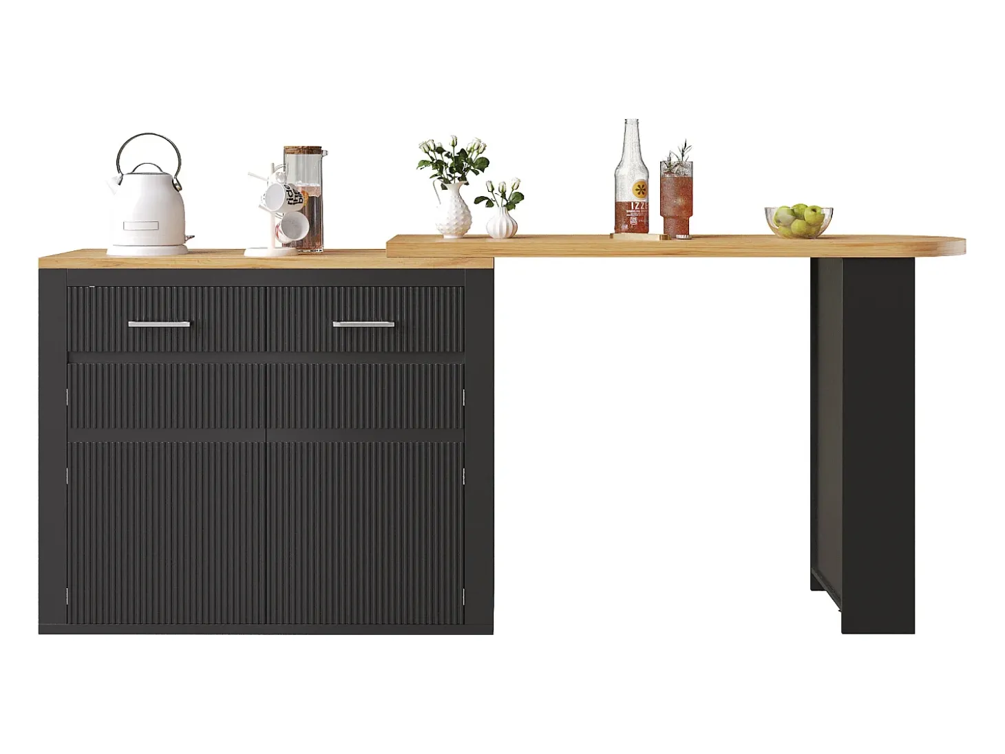 Mueble bar extensible con 2 cajones y 2 puertas - Tapa extensible con ruedas - Negro y madera