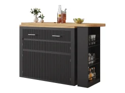 Mueble bar extensible con 2 cajones y 2 puertas - Tapa extensible con ruedas - Negro y madera