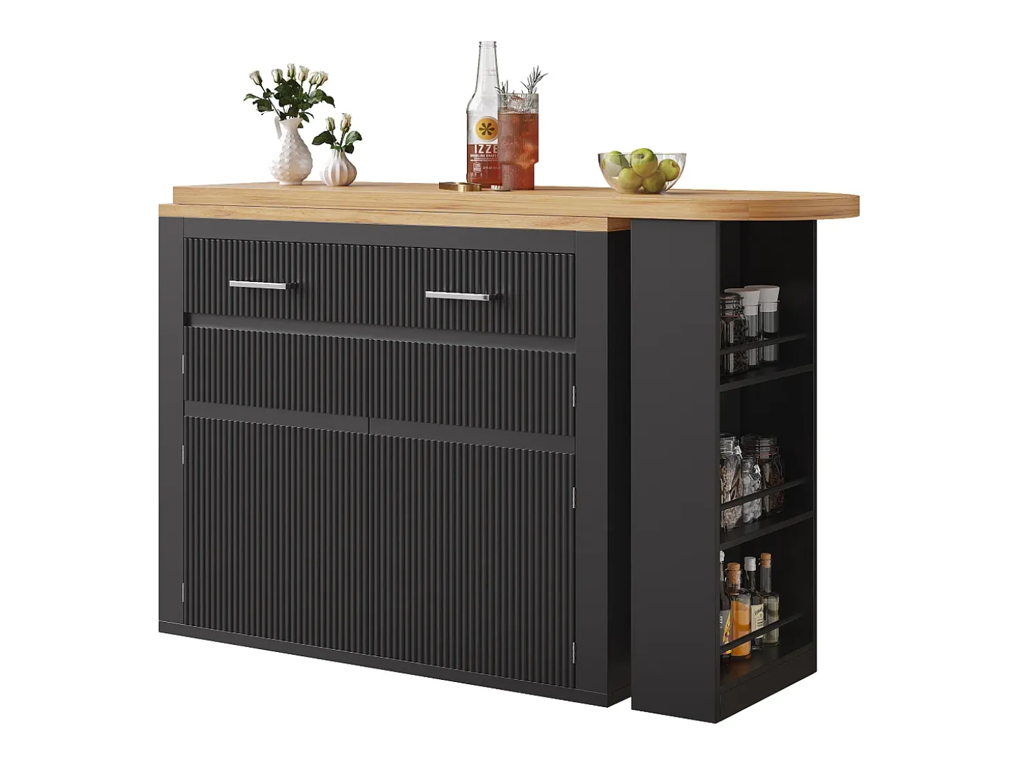 Mueble bar extensible con 2 cajones y 2 puertas - Tapa extensible con ruedas - Negro y madera
