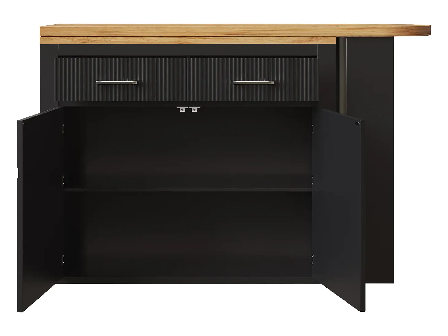 Mueble bar extensible con 2 cajones y 2 puertas - Tapa extensible con ruedas - Negro y madera
