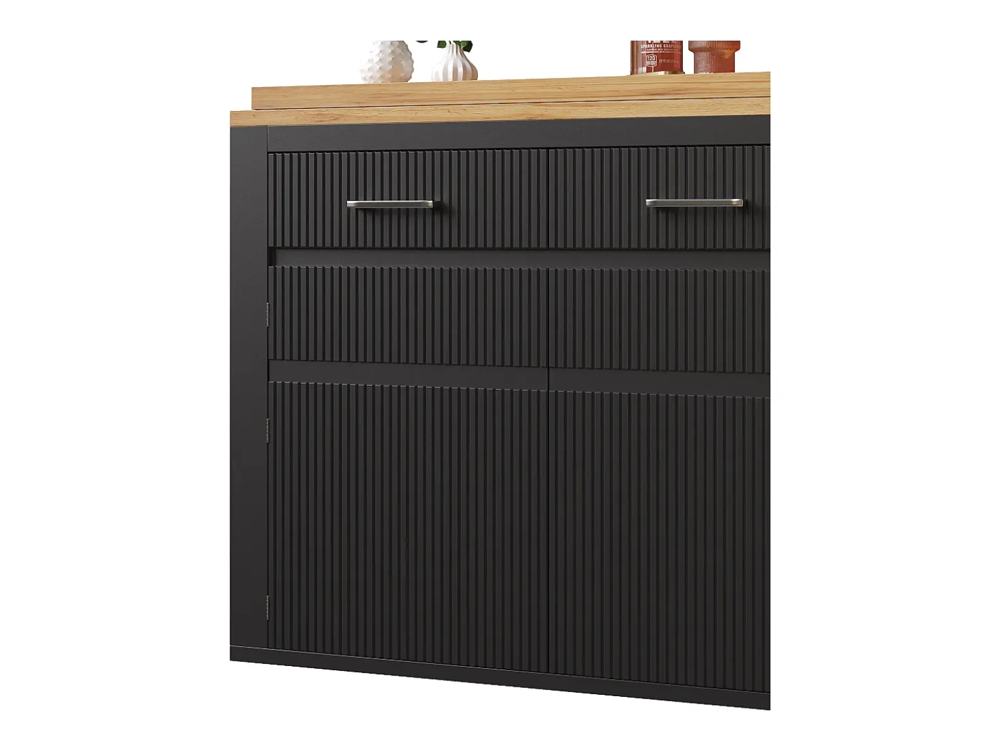 Mueble bar extensible con 2 cajones y 2 puertas - Tapa extensible con ruedas - Negro y madera