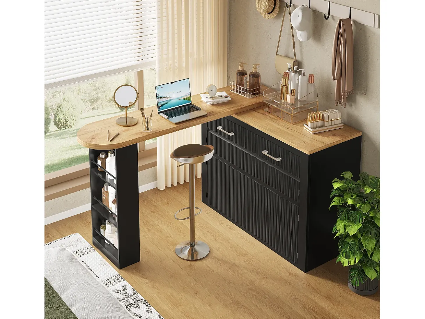 Mueble bar extensible con 2 cajones y 2 puertas - Tapa extensible con ruedas - Negro y madera