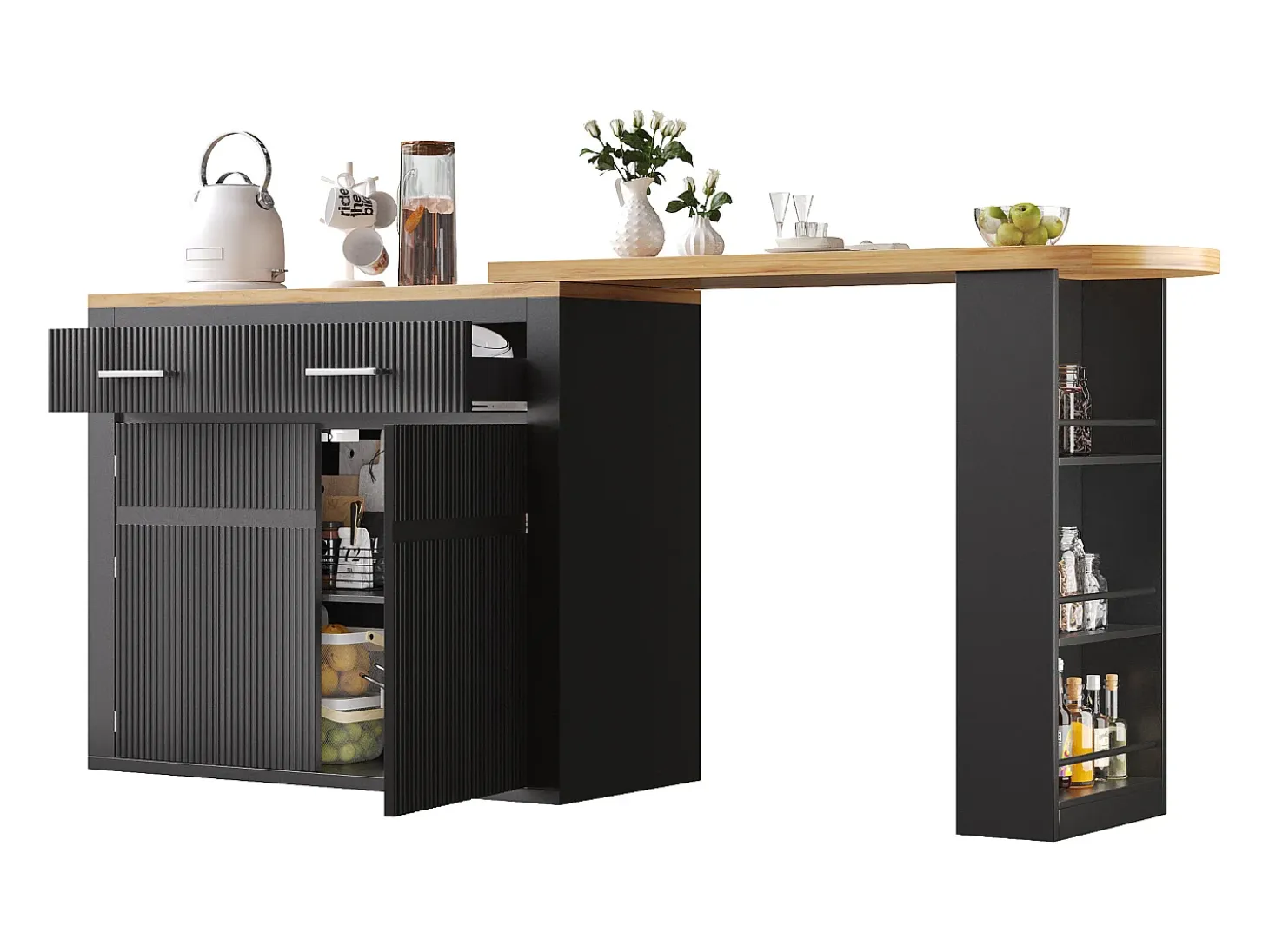 Mueble bar extensible con 2 cajones y 2 puertas - Tapa extensible con ruedas - Negro y madera