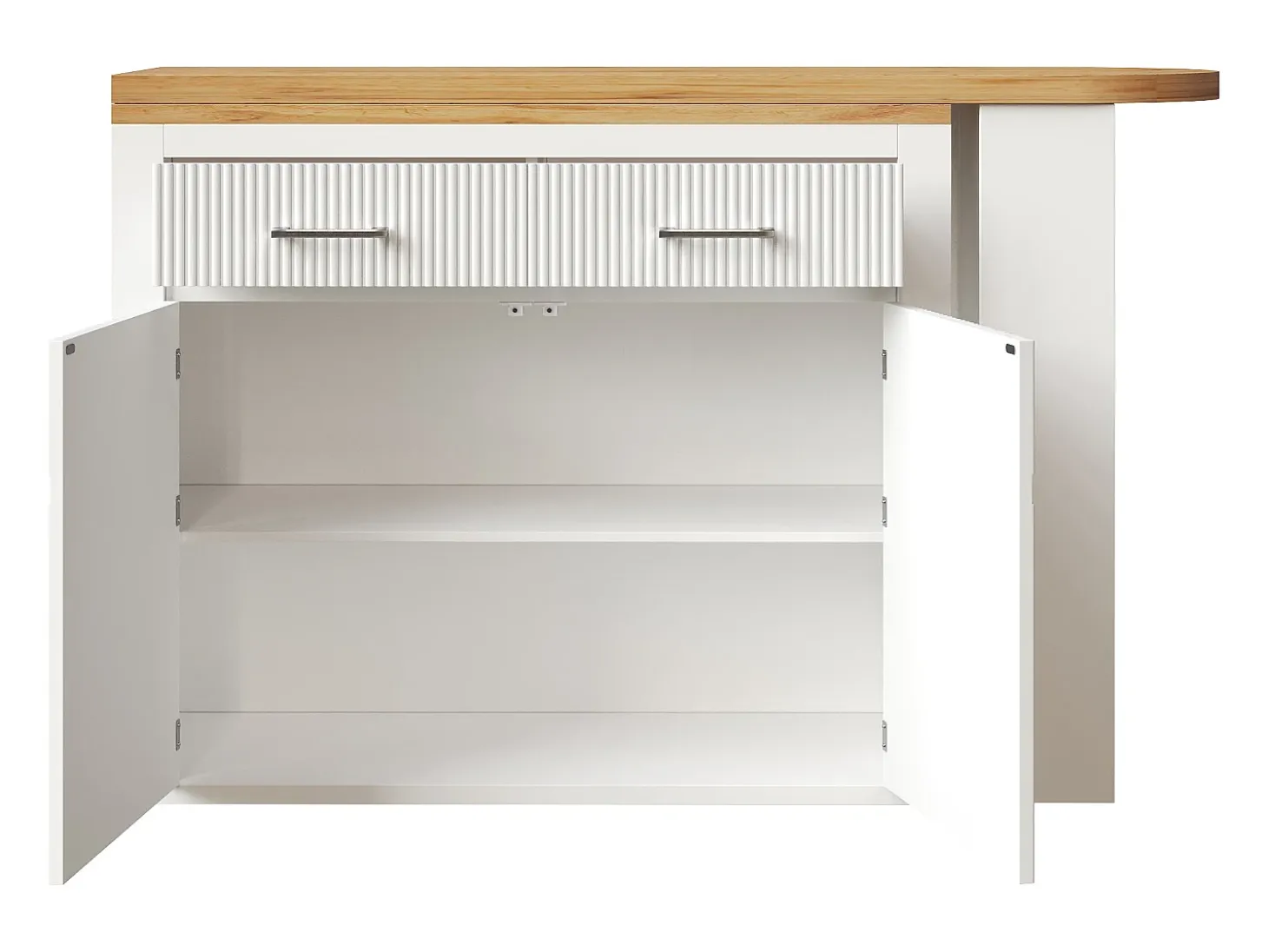 Mueble bar extensible con 2 cajones y 2 puertas - Tapa extensible con ruedas - Blanco y madera