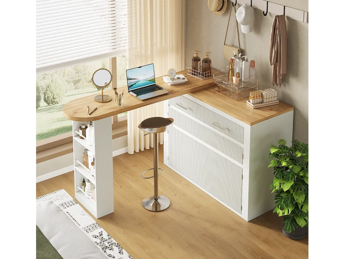 Mueble bar extensible con 2 cajones y 2 puertas - Tapa extensible con ruedas - Blanco y madera