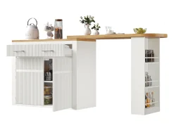 Mueble bar extensible con 2 cajones y 2 puertas - Tapa extensible con ruedas - Blanco y madera