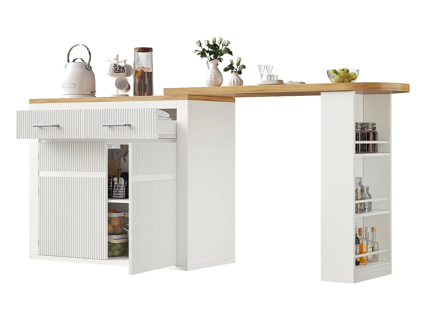 Mueble bar extensible con 2 cajones y 2 puertas - Tapa extensible con ruedas - Blanco y madera