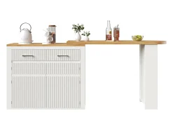 Mueble bar extensible con 2 cajones y 2 puertas - Tapa extensible con ruedas - Blanco y madera